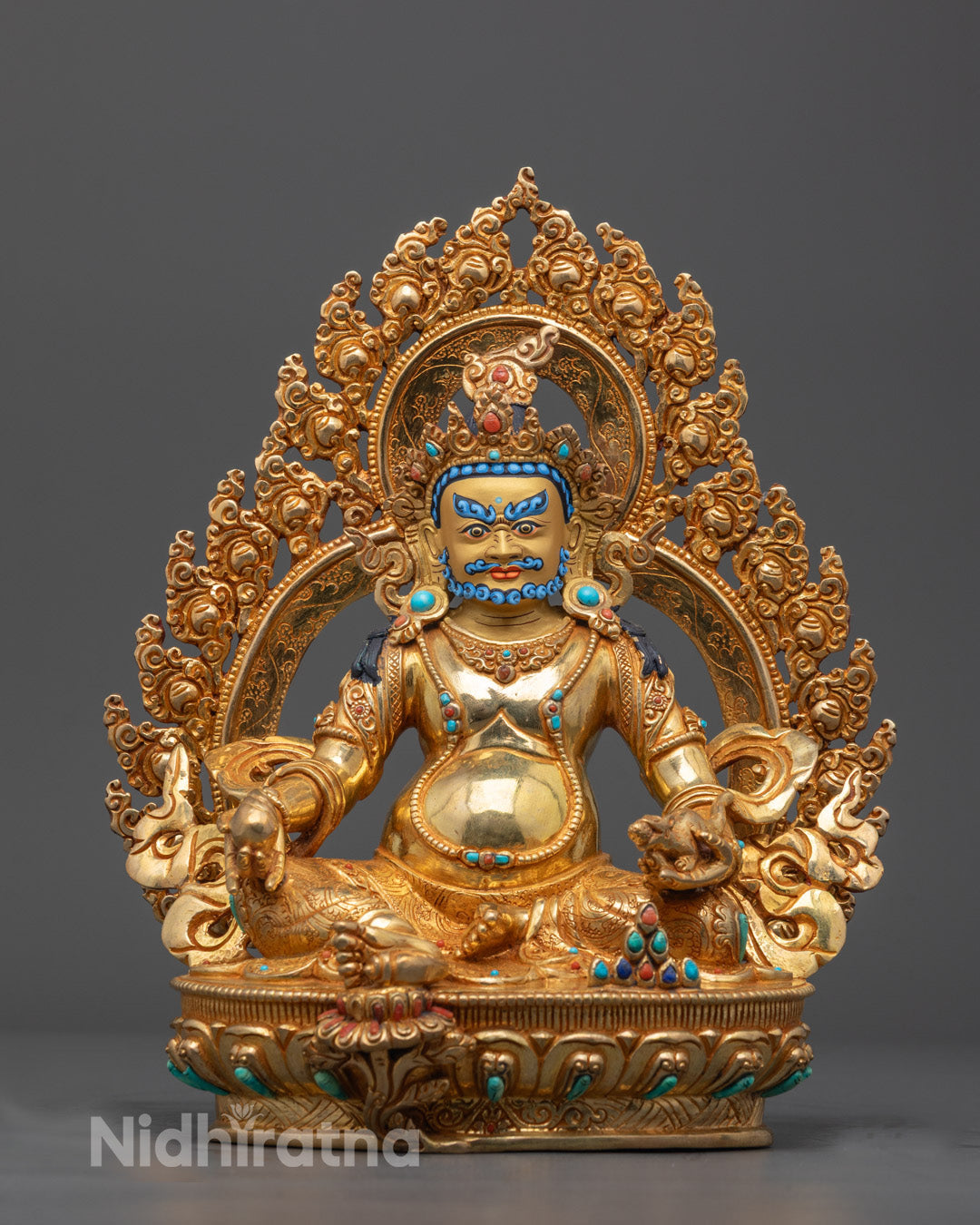 Font-view of Hand-carved Dzambhala Statue with 24k gold gilding seated on lotus base