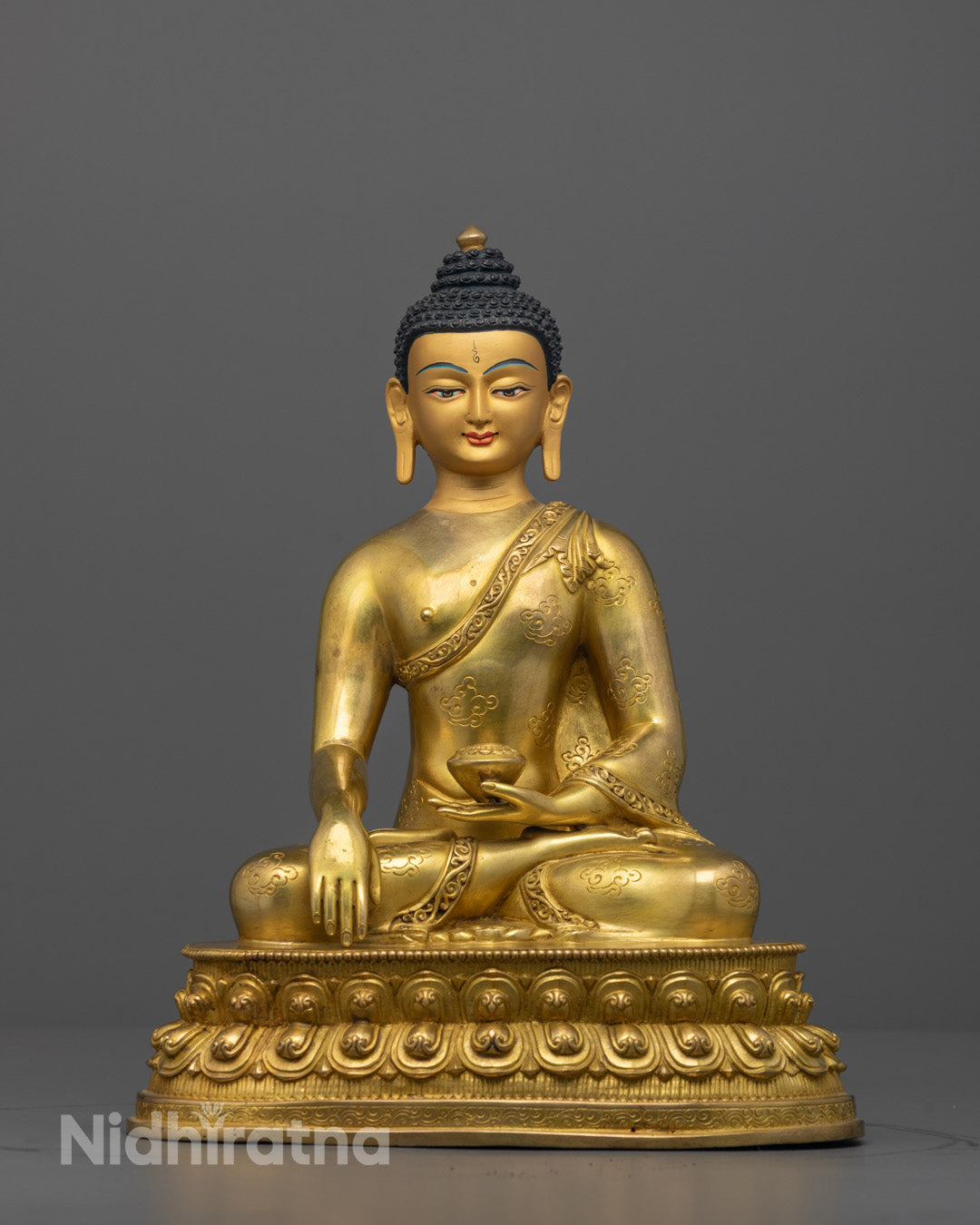 Font-view of Hand-carved Shakyamuni Buddha Statue seated on lotus base
