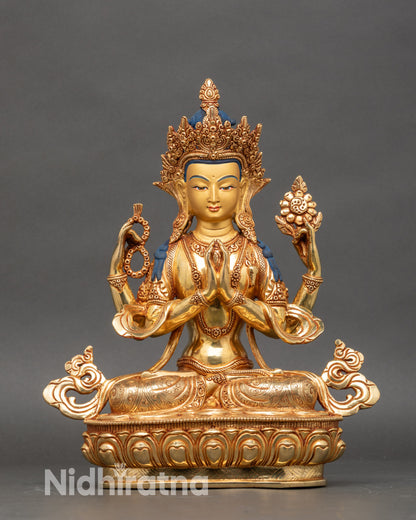 Four-Arm Chenrezig statue handmade in Nepal with gold fire-gilded finish and 24K gold face
