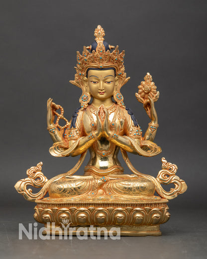 Four Armed Chenrezig statue Avalokiteshvara Bodhisattva gold fire gilded copper Nepal front view
