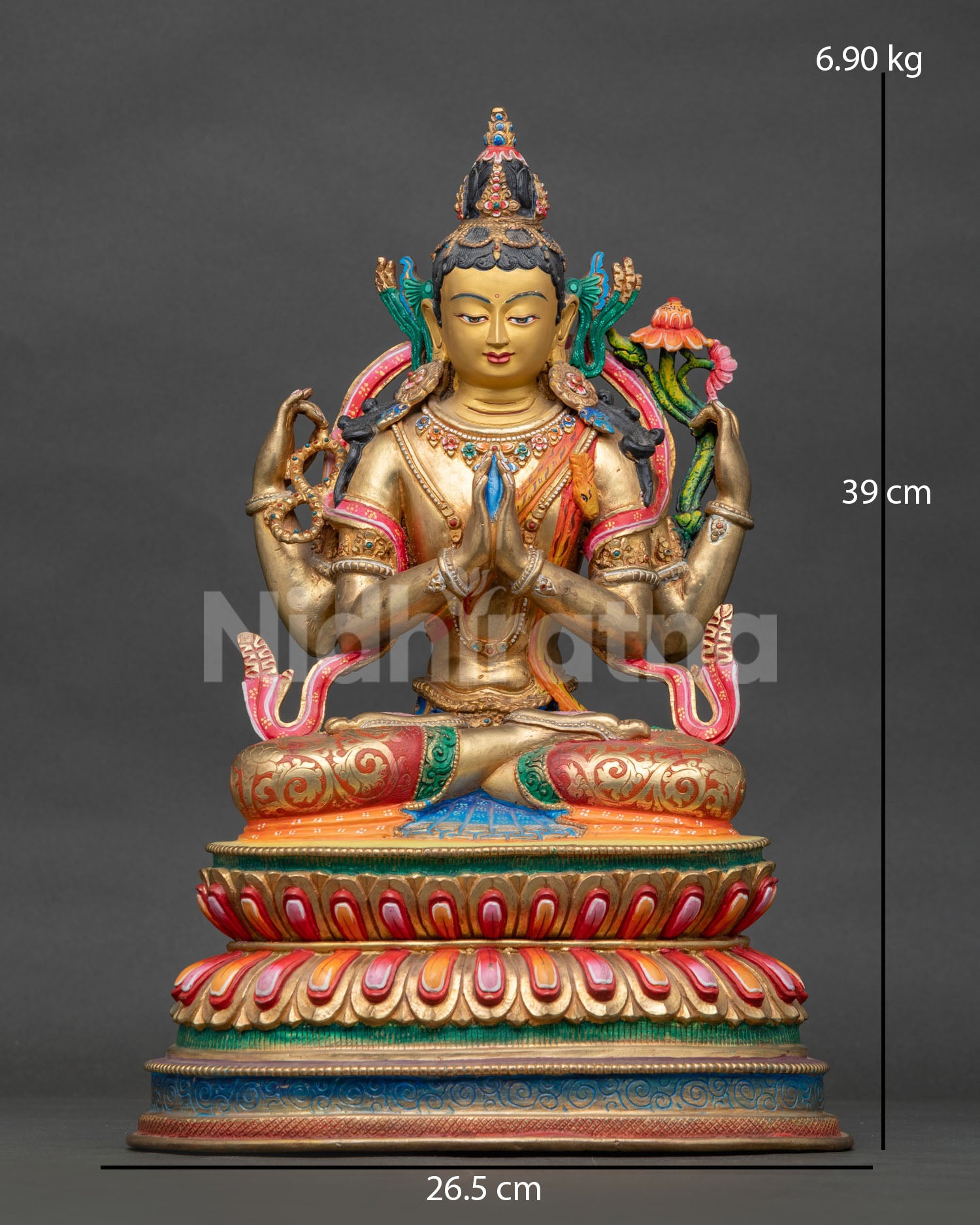 Four-Armed Chenrezig Statue from Patan Nepal with gold fire-gilded finish.