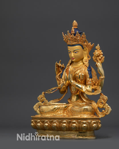 Four-Armed Chenrezig Left Side View Gold-Gilded Copper Idol with Lotus Base