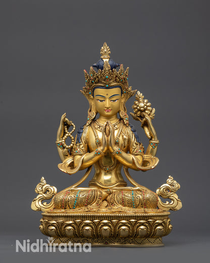 Four-Armed Chenrezig Statue 24K Gold-Gilded Buddhist Idol from Nepal