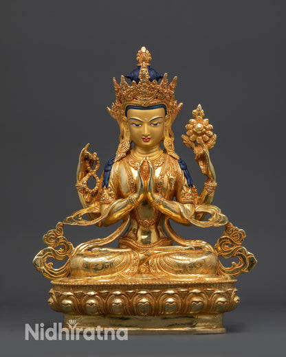 Four-Armed Chenrezig Statue 24K Gold-Gilded Copper Alloy Front View Nepal