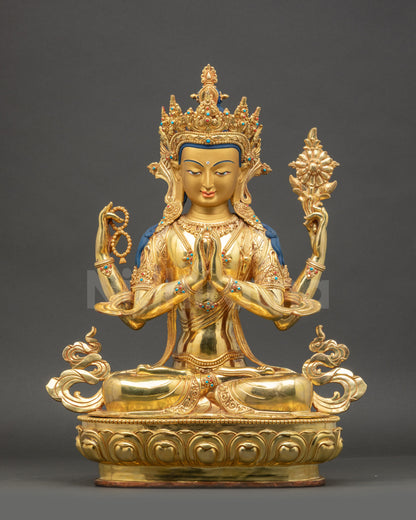 Four-Armed Chenrezig Statue Front View Gold-Gilded Copper Nepalese Artwork