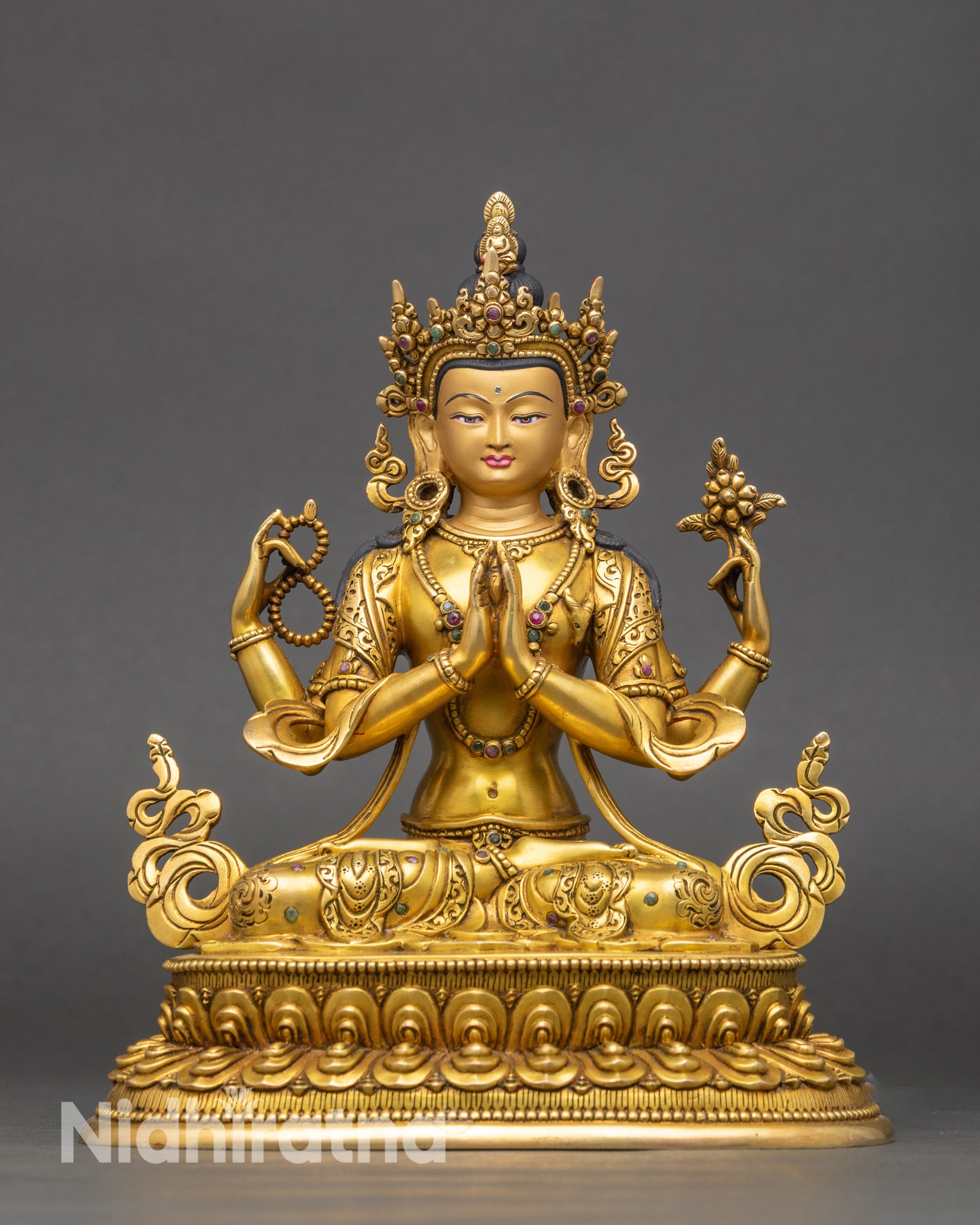 Four-Armed Chenrezig Statue on lotus pedestal, 24K gold fire-gilded Nepalese Buddhist art