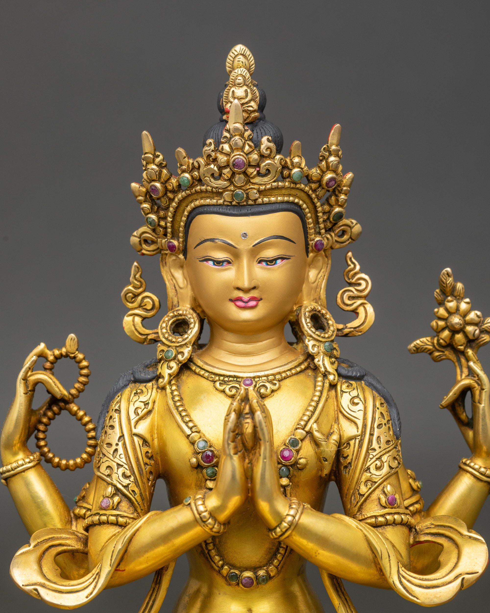 Four-Armed Chenrezig Statue on lotus pedestal, 24K gold fire-gilded Nepalese Buddhist art