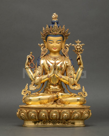 Four-Armed Chenrezig Statue seated on lotus, Tibetan Avalokiteshvara sculpture Nepal