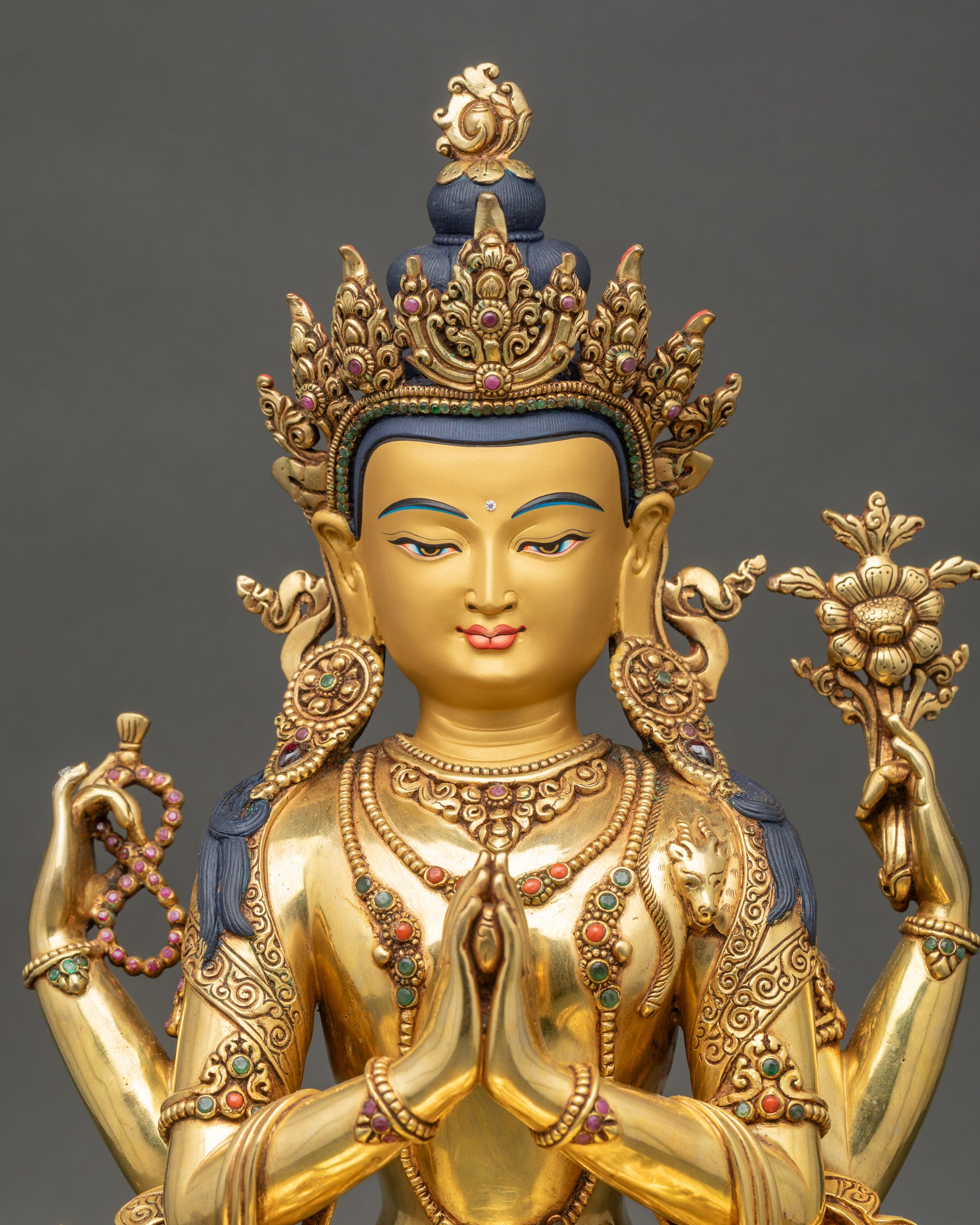 Four-Armed Chenrezig Statue with jeweled crown and sacred ornaments