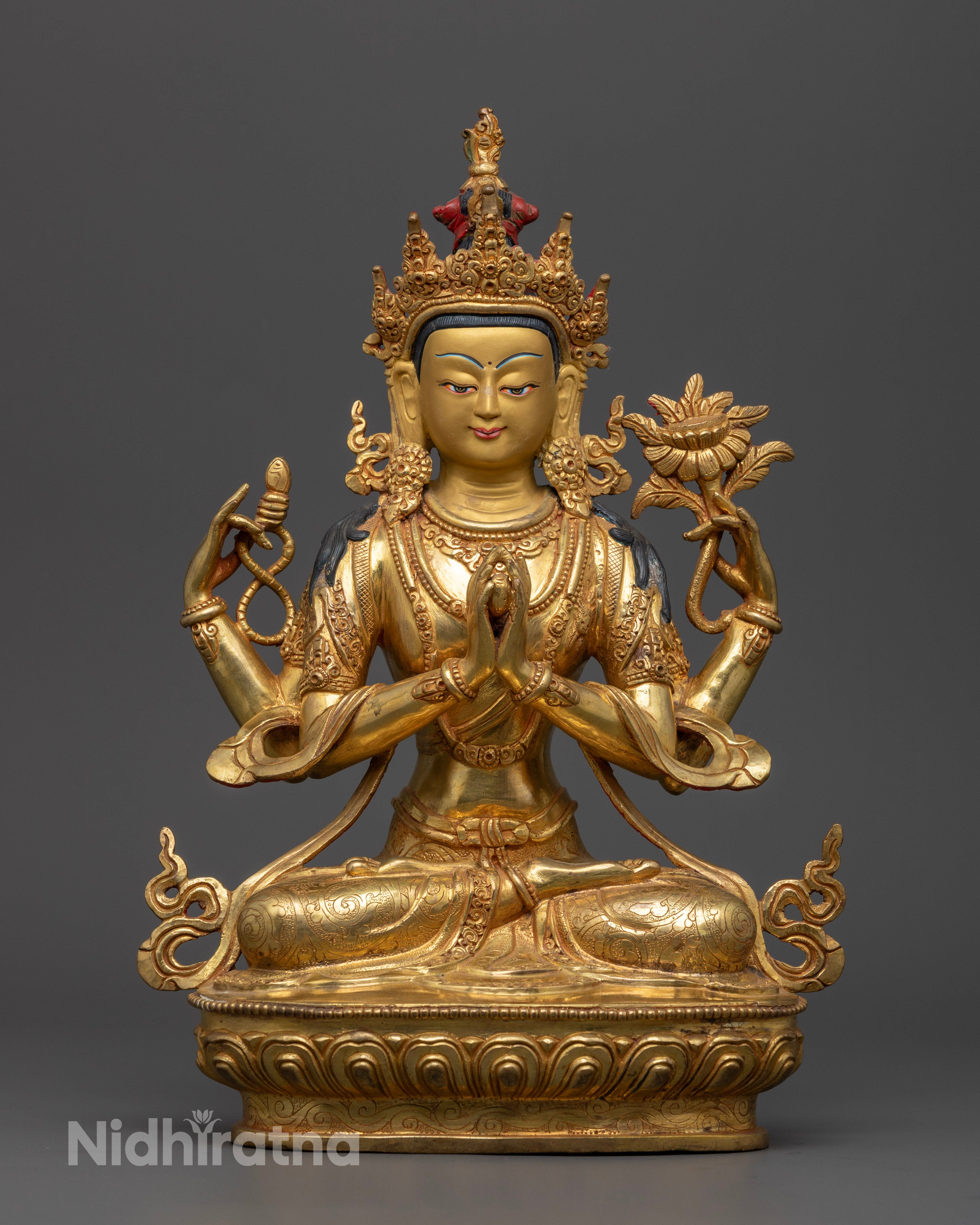 Four-Armed Chenrezig statue gold gilded with 24K gold face, handcrafted Himalayan Avalokiteshvara art