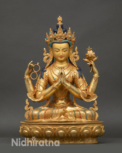 Four-Armed Chenrezig statue on lotus seat, copper with 24K gold fire-gilding