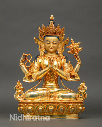 Four-Armed Chenrezig statue seated on lotus, gold fire-gilded copper, Nepalese art