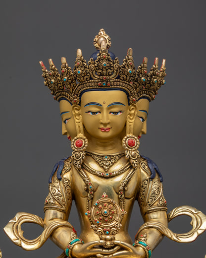 Four-Faced Vairocana Buddha Sculpture with Jeweled Crown and Earrings