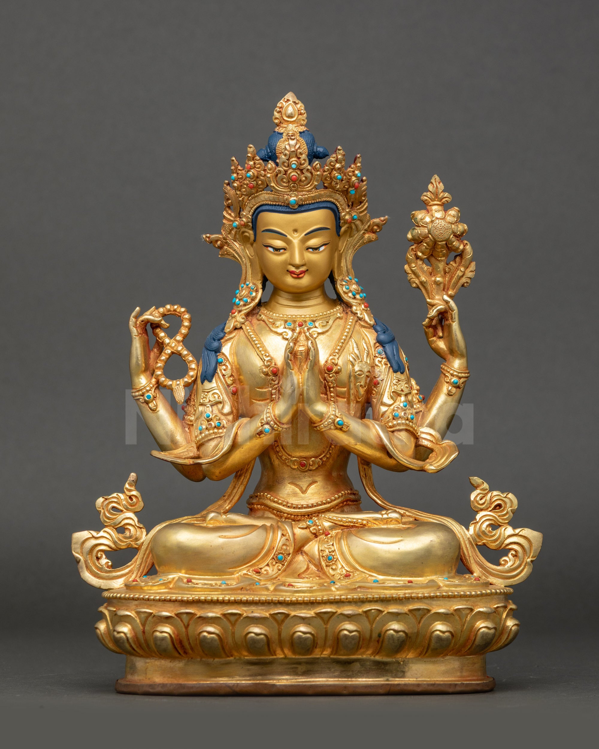 Four-armed Avalokiteshvara Chenrezig statue, fire-gilded Himalayan Buddhist art