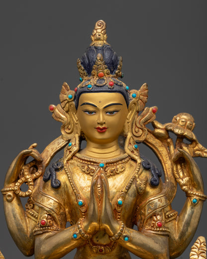 Four-armed Chenrezig Avalokiteshvara seated on double lotus with crystal mala and lotus flower