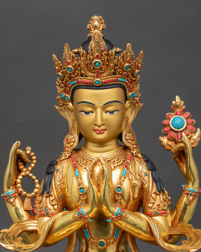 Four-armed Chenrezig Bodhisattva seated on lotus, Nepalese sculpture