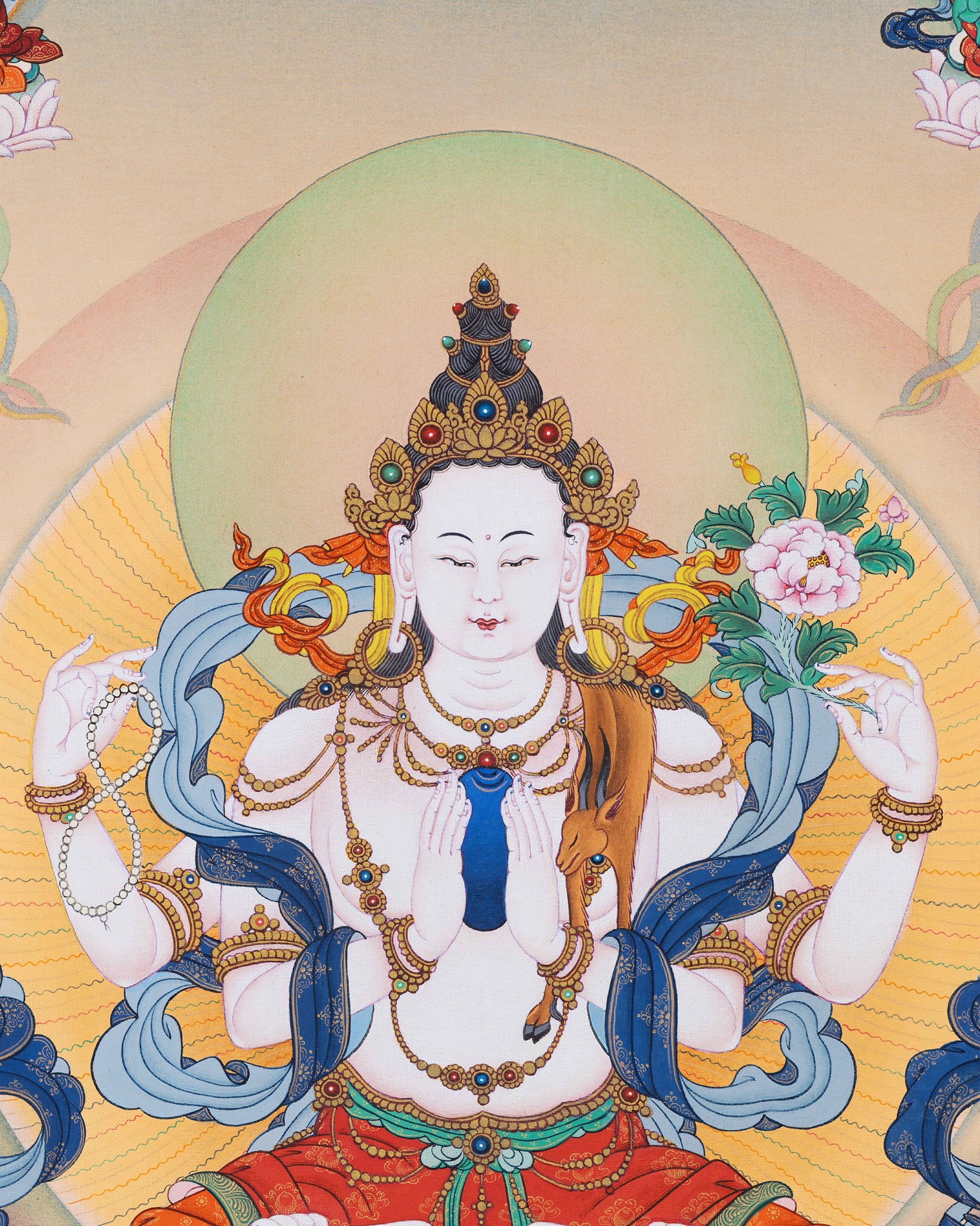 Four-armed Chenrezig holding rosary, lotus, and wish-fulfilling jewel on giclee canvas
