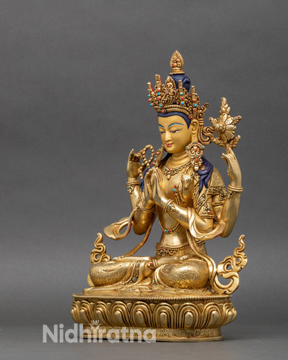  Four-armed Chenrezig left side with ornamental robe patterns and semi-precious stones