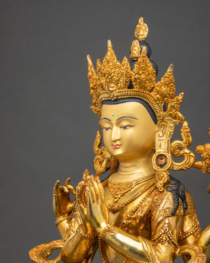Four-armed Chenrezig statue detail, 24k gold fire gilded Avalokiteshvara Buddhist altar statue Nepal