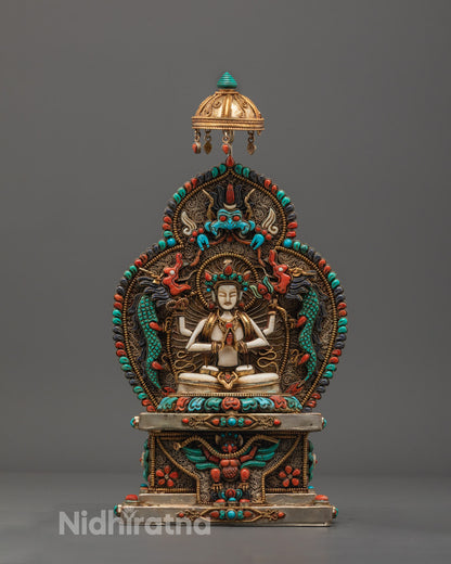 Four-armed Chenrezig statue seated in meditation, with semi-precious stone inlays and copper throne, handcrafted in Nepal