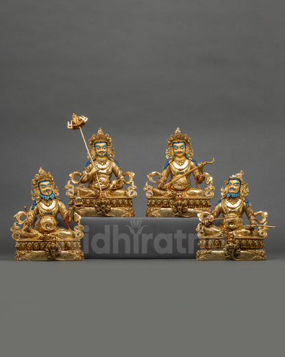 Four Heavenly Kings statue set front view gold-gilded Nepalese Buddhist guardians