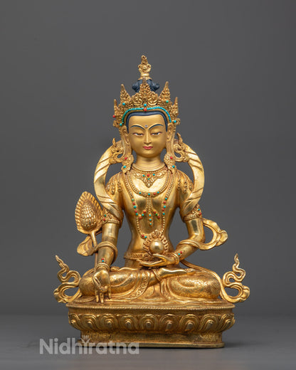 Front-View of Hand-carved Ksitigarbha Bodhisattva statue holding staff and wish-fulfilling jewel