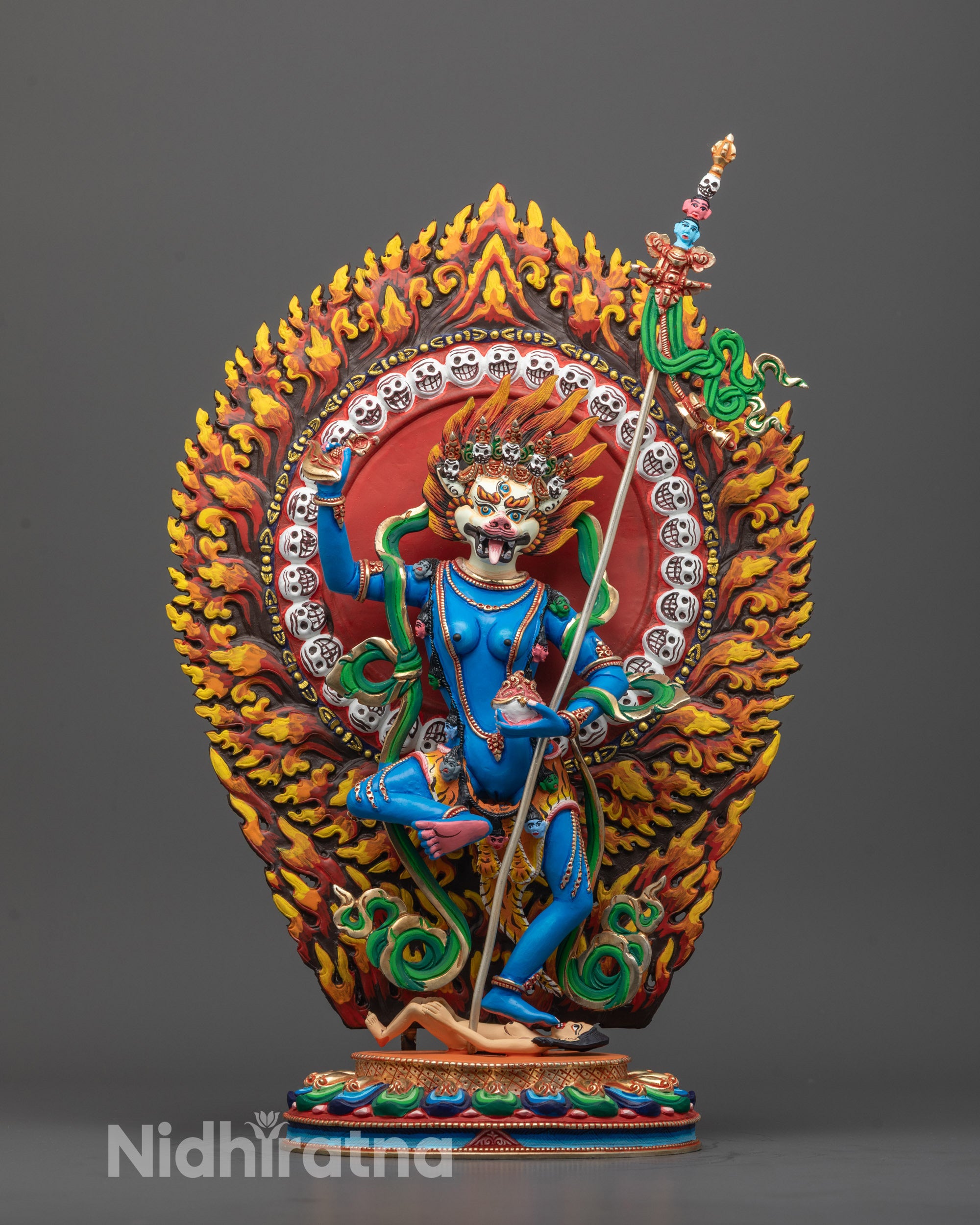 Front-facing image of the Blue Simha Mukha Statue standing on a lotus base with a fierce expression