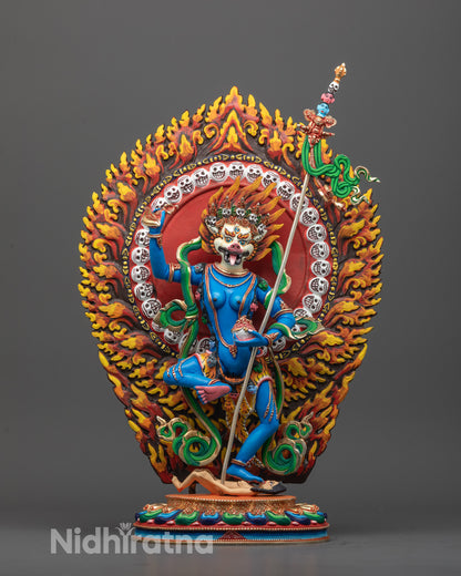 Front-facing image of the Blue Simha Mukha Statue standing on a lotus base with a fierce expression