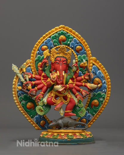machine-made Ganesh statue in copper, adorned with vibrant multi-color acrylic paint, symbolizing wisdom and prosperity.