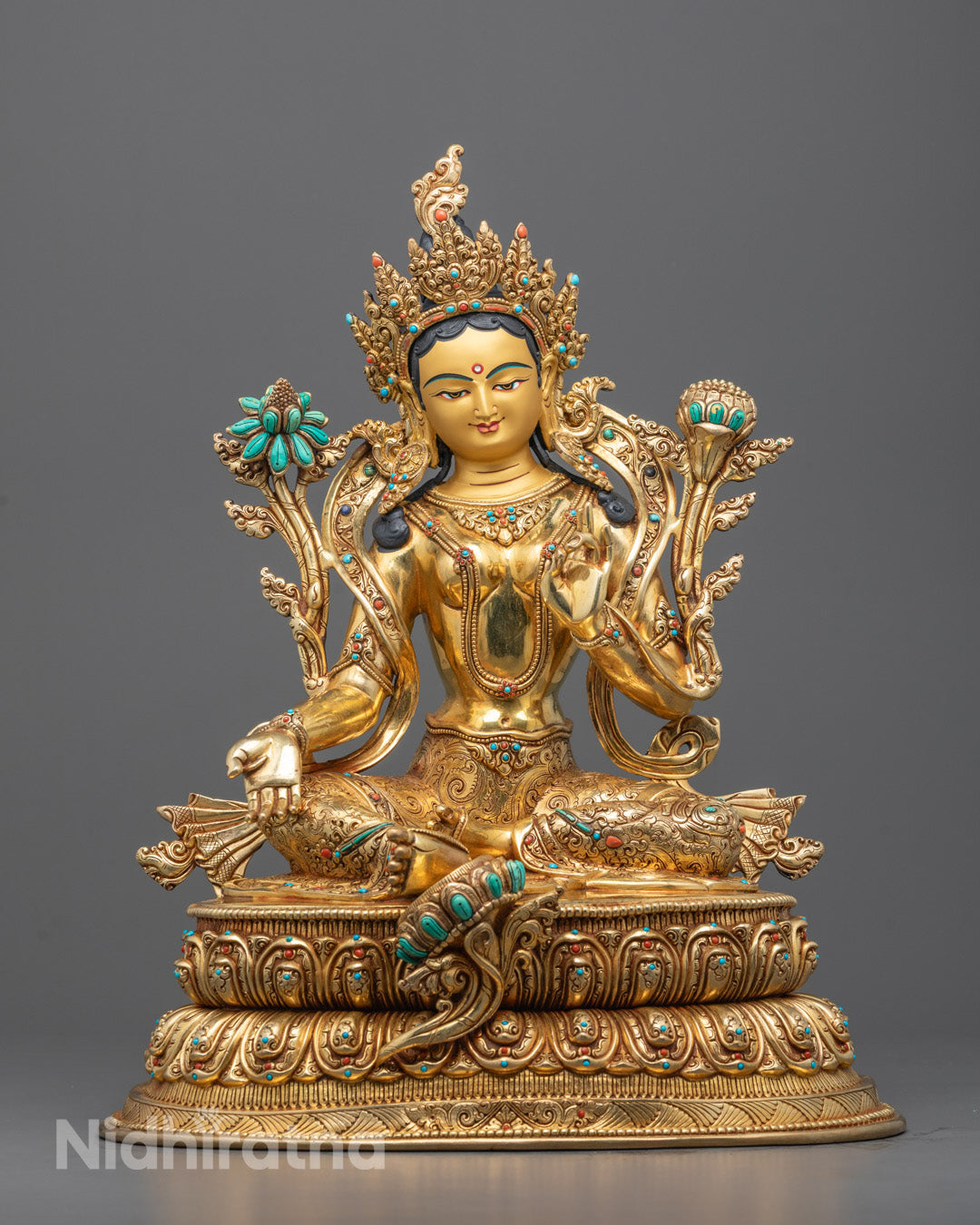 Front-image of Hand-carved Manjushri statue seated on lotus throne holding sword and scripture