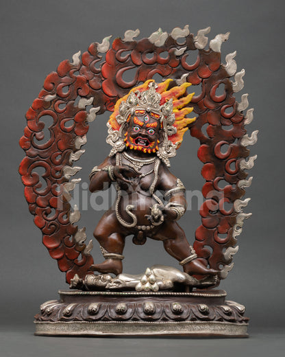 Front view Black Dzambhala statue copper wealth deity lotus base stamping figures Nepal Buddhist art