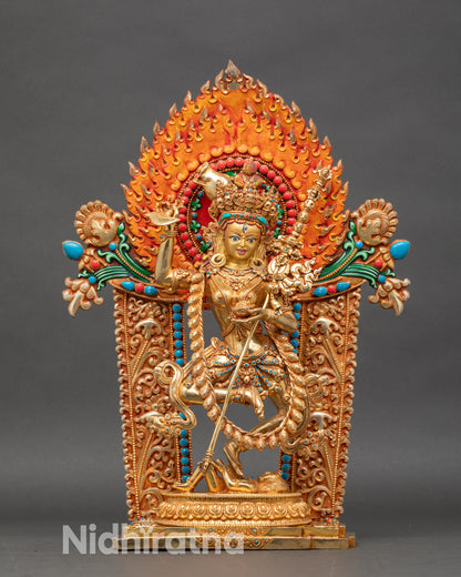 Front-view-Dorje-Phagmo-Dakini-Vajravarahi-statue-gold-gilded-copper-handcrafted-Newari-artisan