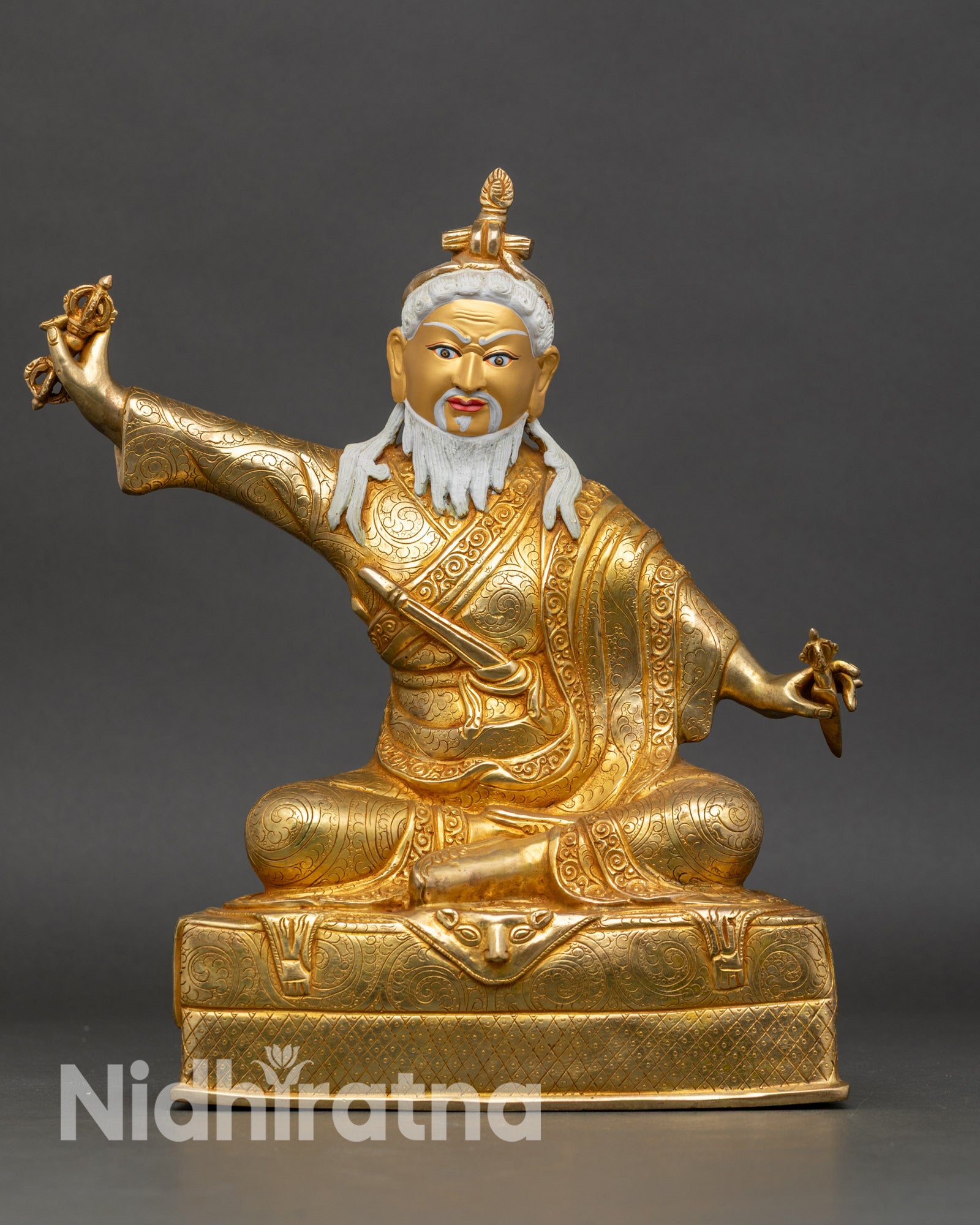 Front view of Dudjom Lingpa Rinpoche statue, hand-painted gold copper Tibetan guru figure