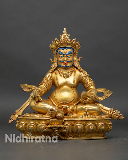 Front view of Dzambhala statue, copper with 24K gold fire-gilding, Nepalese craftsmanship