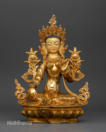 Front view of Green Tara statue copper gold lotus pedestal Varada Abhaya Mudra handcrafted