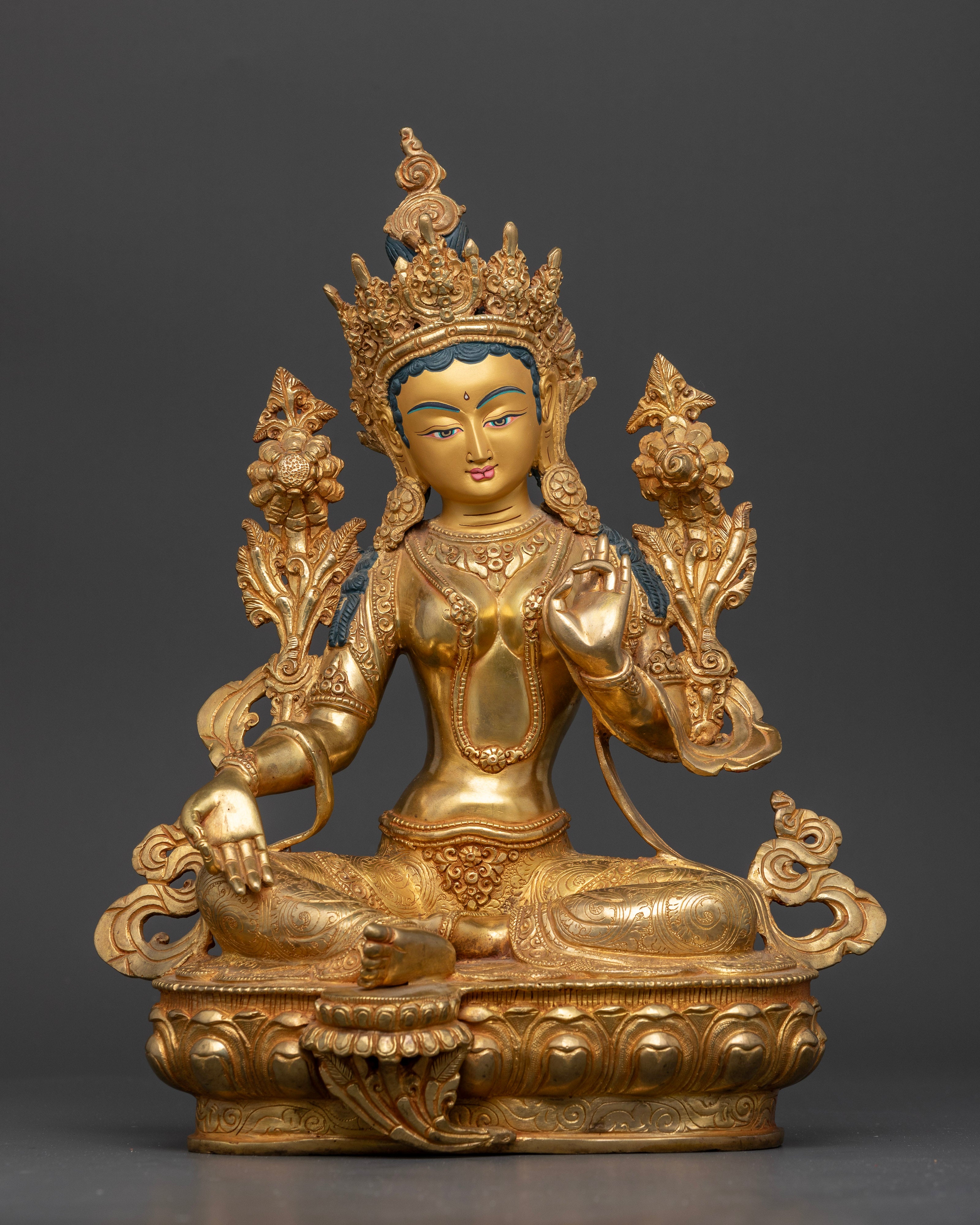 Front view of Green Tara statue copper gold lotus pedestal seated semi-precious stones