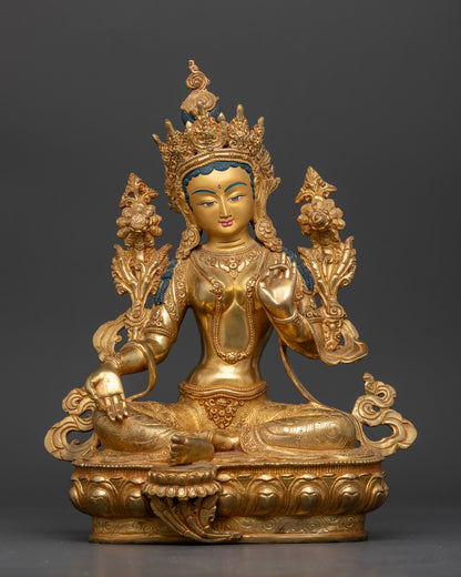 Front view of Green Tara statue copper gold lotus pedestal seated semi-precious stones