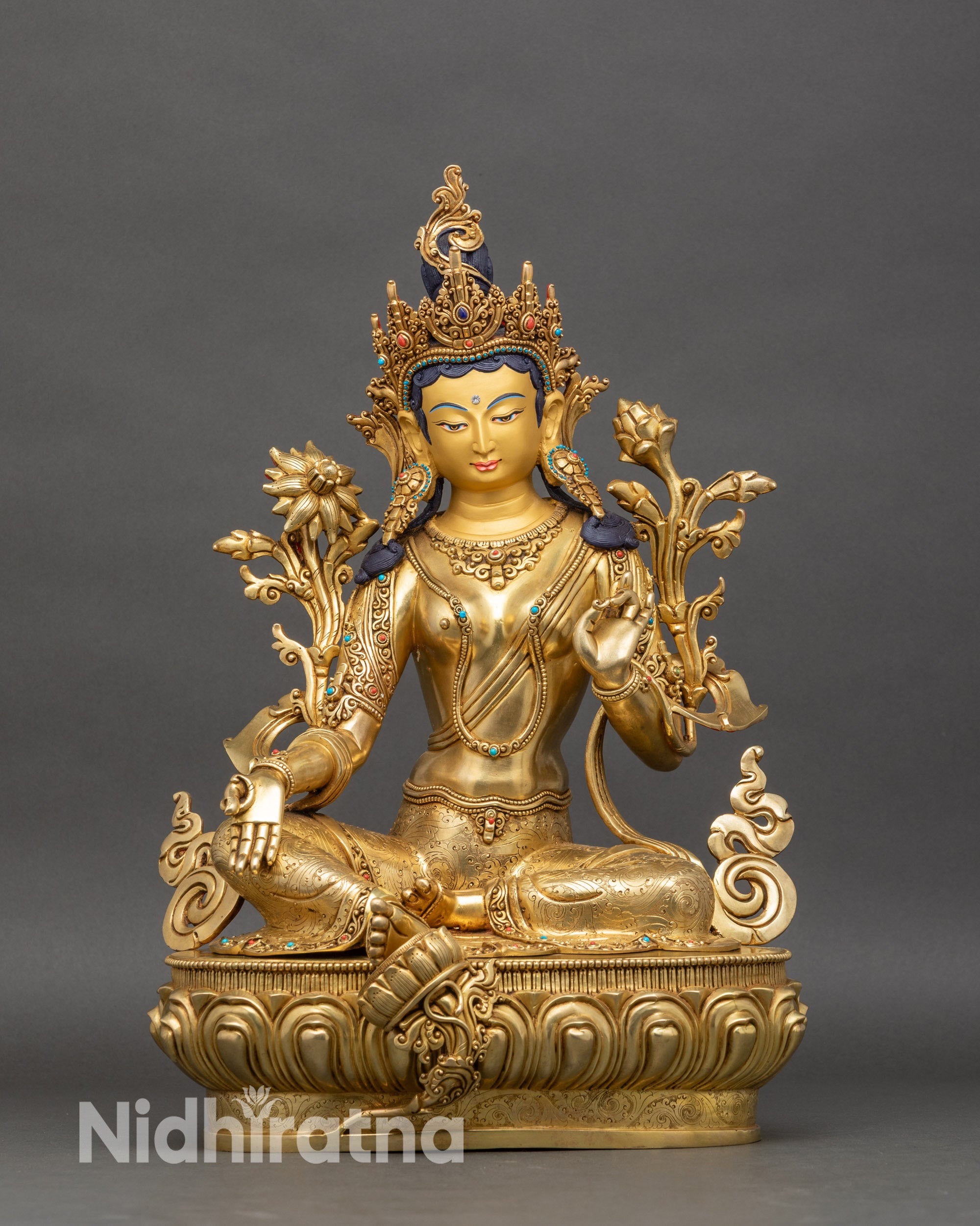Front-view-Green-Tara-statue-handcrafted-Nepalese-copper-gold-fire-gilded-lotus-pedestal