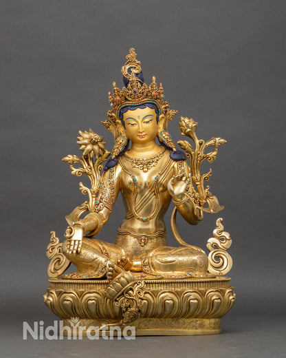 Front-view-Green-Tara-statue-handcrafted-Nepalese-copper-gold-fire-gilded-lotus-pedestal