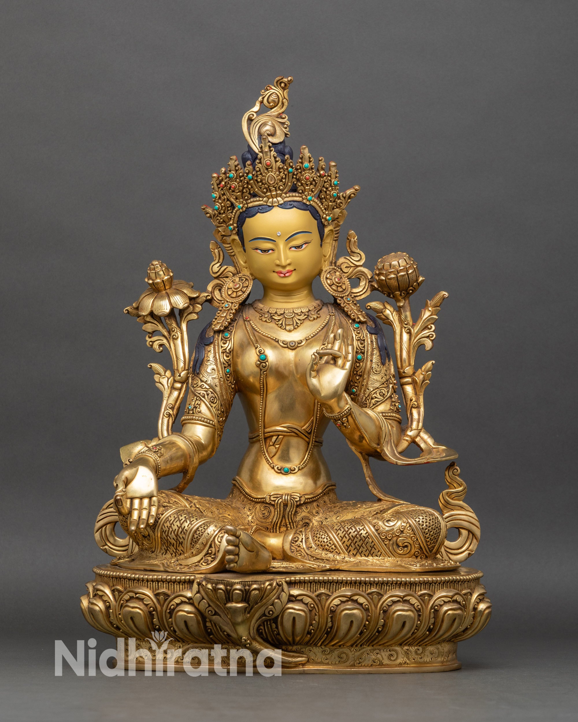 Front-view-Green-Tara-statue-handcrafted-Newar-artisan-Nepalese-copper-gold-fire-gilded