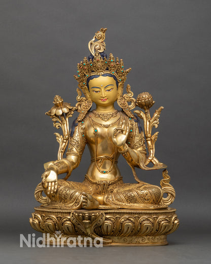 Front-view-Green-Tara-statue-handcrafted-Newar-artisan-Nepalese-copper-gold-fire-gilded