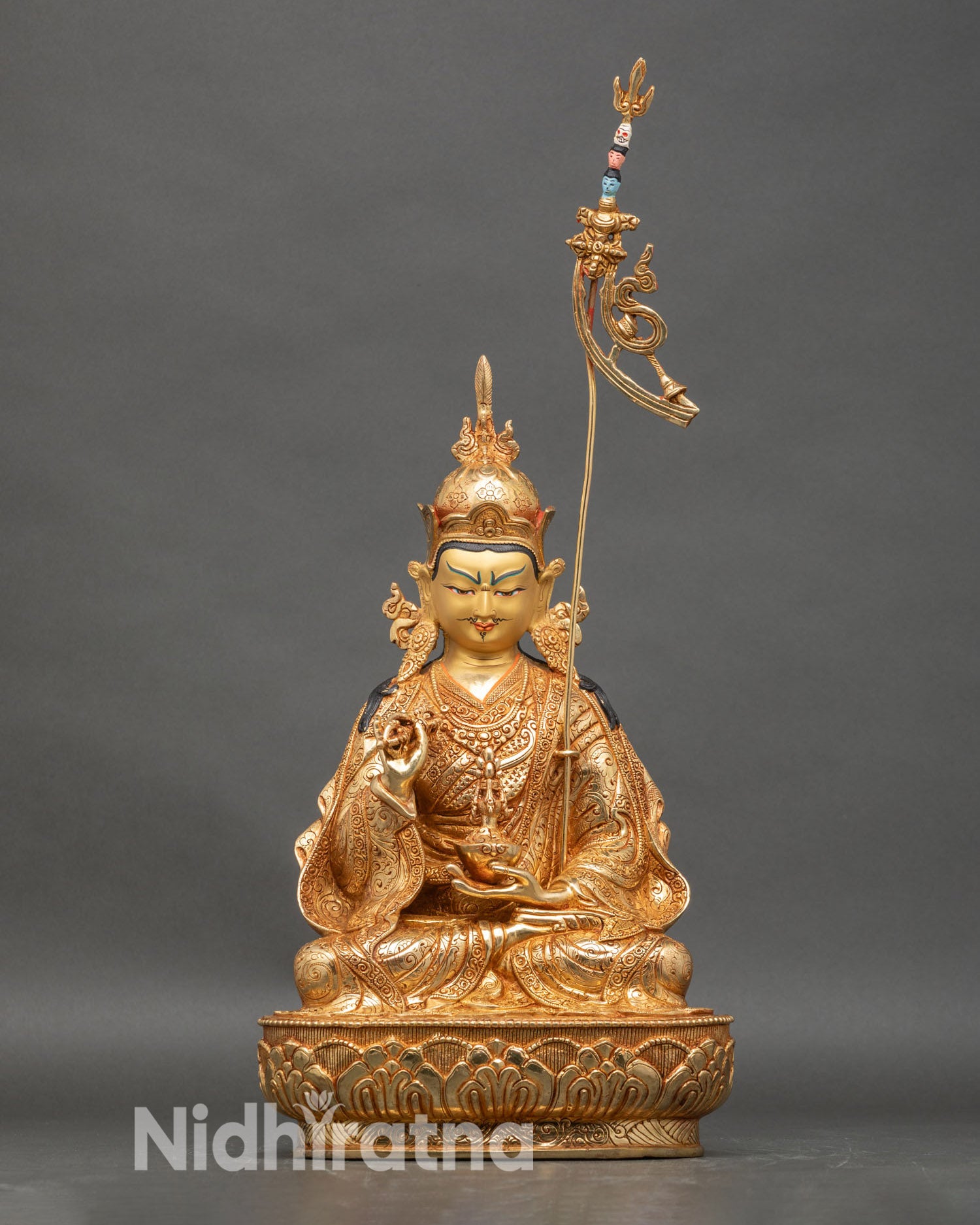 Front view of Guru Tsokye Dorje gold-gilded copper statue, lotus pedestal tantric deity
