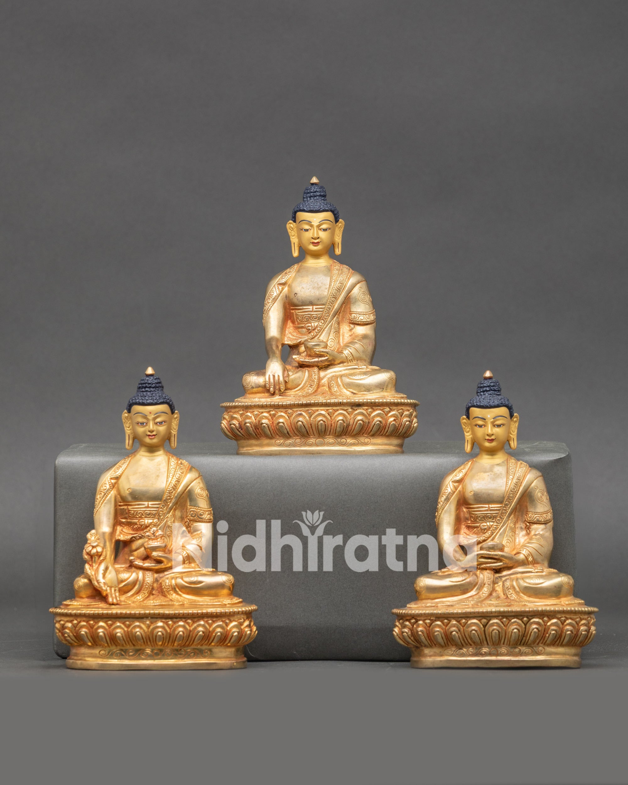 Front-view-Handcrafted-Three-Buddha-Statue-Set-Shakyamuni-Amitabha-Medicine-Buddha-copper-gold