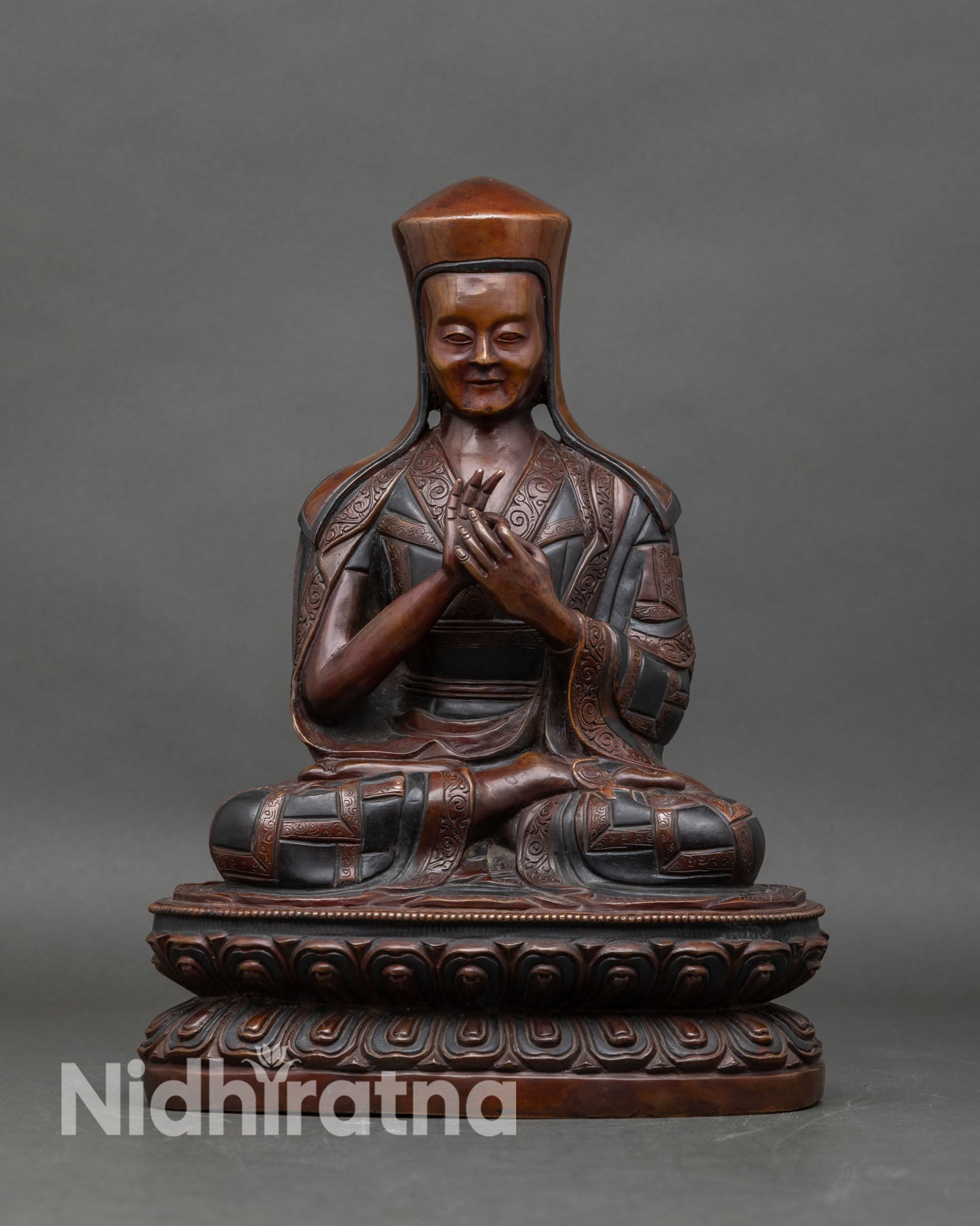 Front view of Karmapa Statue, handcrafted copper Dharmachakra Mudra Patan Nepal