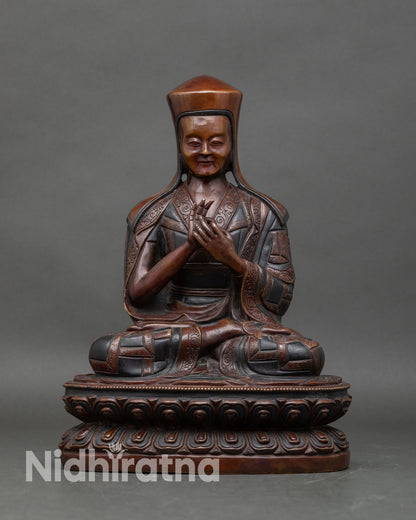 Front view of Karmapa Statue, handcrafted copper Dharmachakra Mudra Patan Nepal