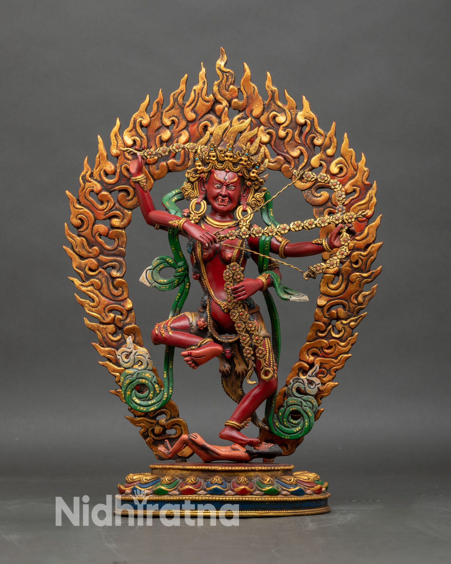Front view of Kurukulla Dakini statue, handcrafted Nepal Buddhist sculpture