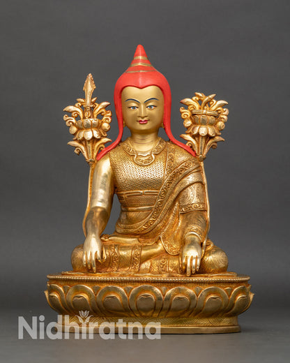 Front view of Longchenpa statue, handcrafted copper and gold-fire gilded Nepal artwork