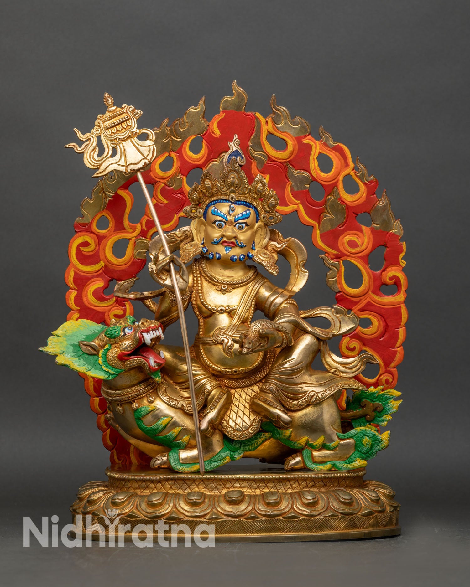 Front view of Namtoshe gold gilded copper statue Tibetan wealth deity snow lion throne