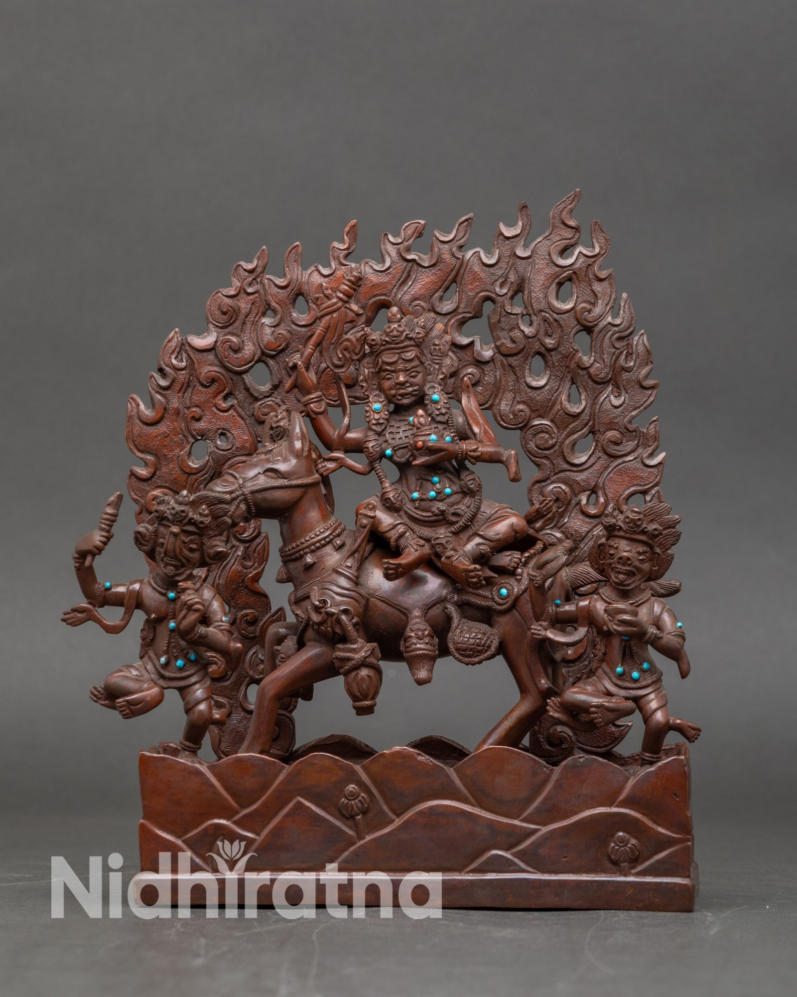 Front view of Palden Lhamo statue oxidized copper with semi precious stones Himalayan protector
