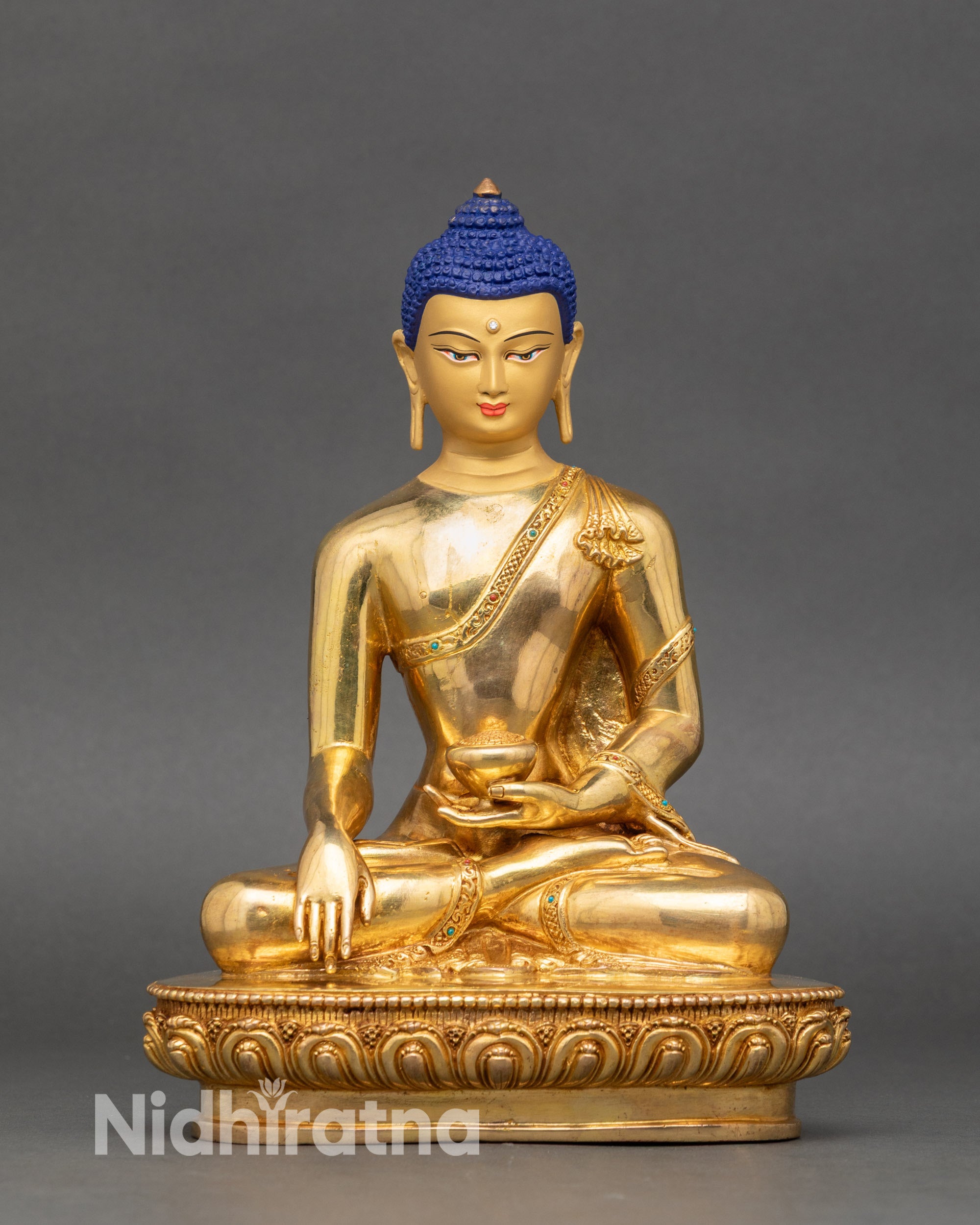 Front-view-Shakyamuni-Buddha-statue-handcrafted-Nepalese-copper-gold-gilded